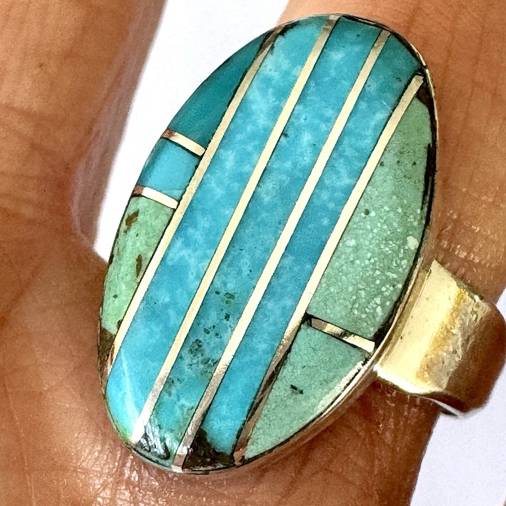 Navajo Ring Sz 9 Mixed Turquoise Inlay Signed D Noble Sterling Native‎ American